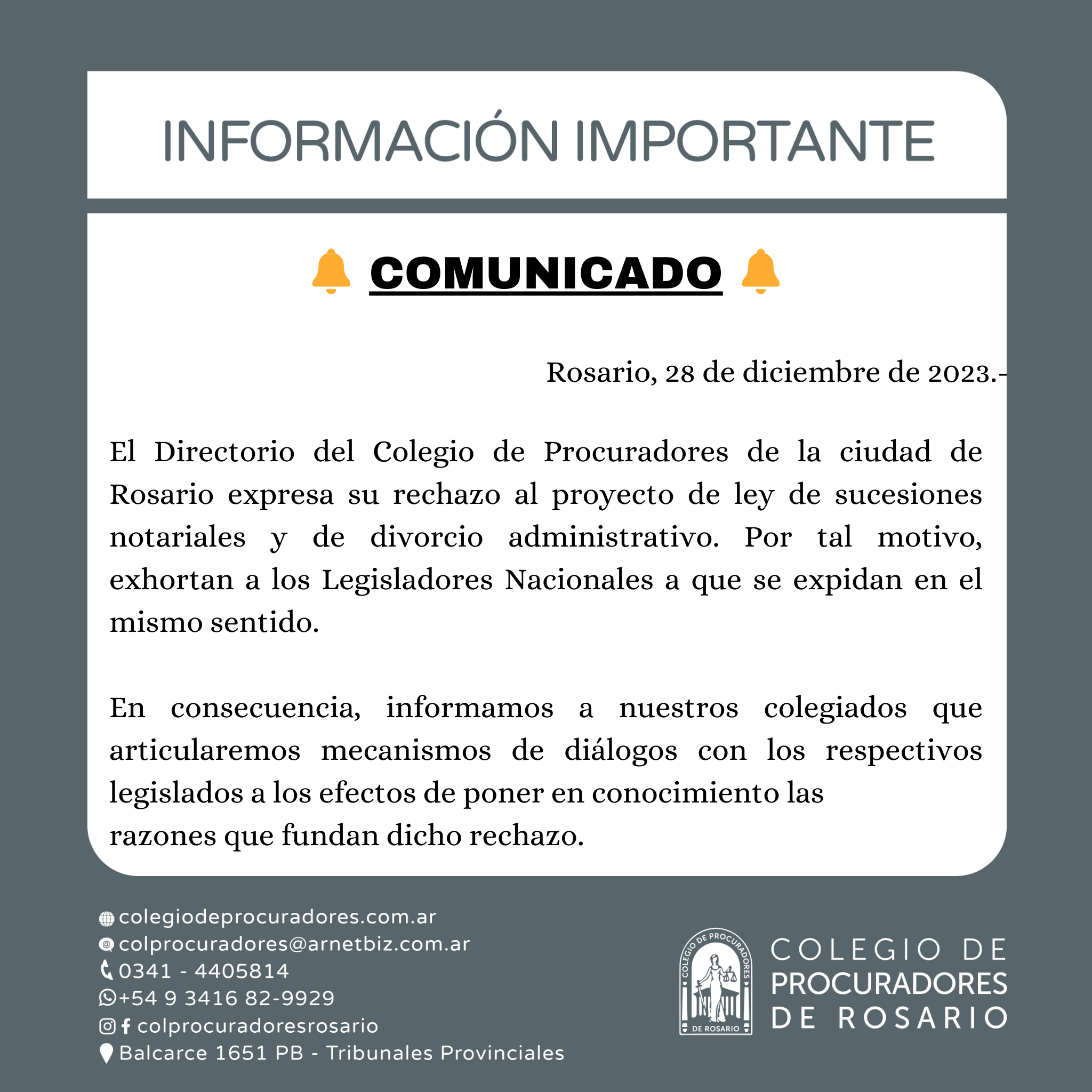 Comunicado Colegio de Procuradores de Rosario